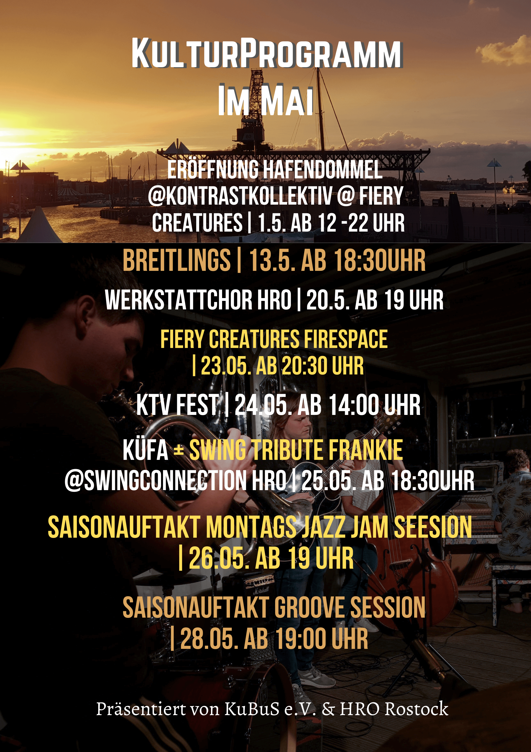 KuPro MAI 2025 Mehrere Musiker:innen spielen abends in einem beleuchteten offenen Container